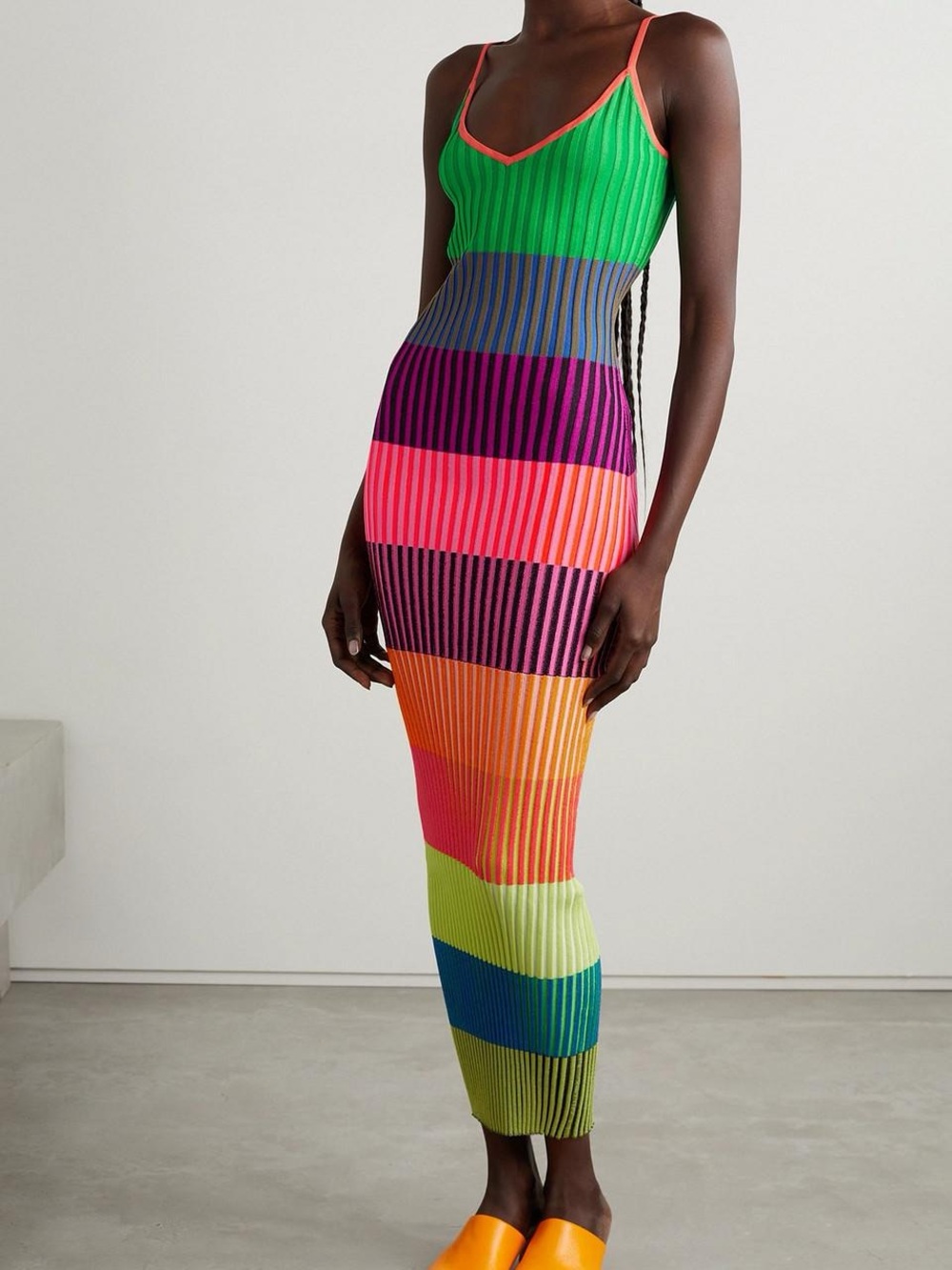 Christopher John Rogers Green and Coral Ribbed Dress
